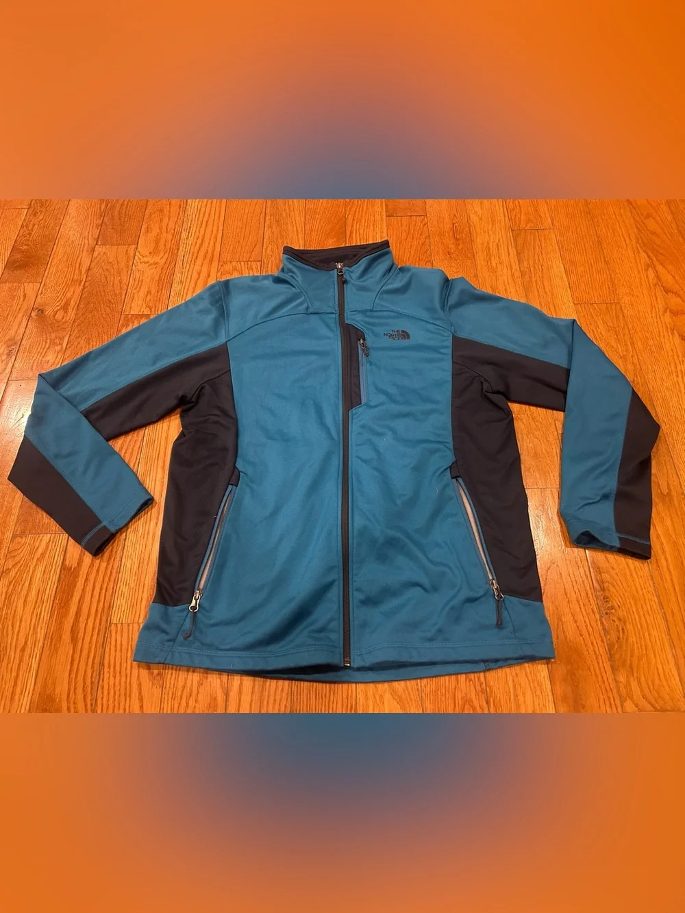 The North Face Mens Large Blue Black Full Zip Softshell Jacket Chest Pocket L